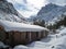 Snowy lansdscape with mountain hut in winter, Corsica, France, Europe