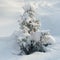 A snowy little fir tree. Winter frost tree.