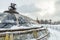 Snowy Manezhnaya Square in winter Moscow, Russia. Frozen Glass dome with statue of St George near famous Moscow Kremlin during