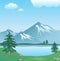 Snowy mountain with clouds, lake, trees and grass