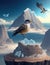 Snowy Mountain Landscape with 3d birds