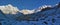 Snowy Mountain Landscape Panorama in Himalaya. Sunrise Annapurna South peak, Annapurna Base Camp Track.