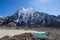 Snowy mountain peak and moraine lakes near Island.