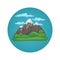 Snowy mountain with three peaks with clouds, green hills, lush green trees and clouds on a blue circle.