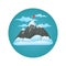 Snowy mountain with three peaks with red flag on the summit, snow covered hills and clouds on a blue circle.