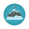 Snowy mountain with three peaks with red flag on the summit, snow covered ills and falling snow on a blue circle.