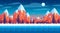 Snowy mountains, fir trees and a starry sky. Pixel art game location