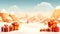 Snowy mountains, orange and red gift boxes, small festive town, blue sky, floating clouds, winter scene