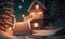 a snowy night with a lit up house and steps leading up to a porch with a lit up lantern in the snow and a full moon in the sky