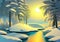 A Snowy Oasis: Winter Park Illustration with Majestic Trees and Frozen Lake