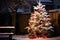 snowy outdoor christmas tree with red and white baubles