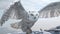 Snowy owl Bubo scandiacus lifts off and flies low hunting over a snow covered field