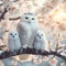 Snowy owl family in a frozen blooming cherry tree, beautiful wildlife in winter morning wallpaper, generative ai