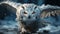 Snowy owl flying in the night, staring with wisdom generated by AI