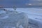 Snowy Owl Flying Over Frozen Shoreline