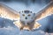 Snowy owl flying over a snow covered field with wings spread. Amazing American Wildlife. Generative Ai