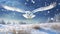 snowy owl in low flight in winter with snowfall