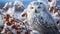 Snowy owl perched on branch, staring with intense yellow eyes generated by AI