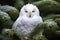 snowy owl perched under a snow-laden pine tree