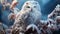 Snowy owl perching on branch, looking at camera in winter generated by AI