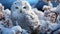 Snowy owl perching on branch, looking at camera in winter generated by AI