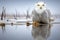 a snowy owl staring at its reflection on a frozen lake