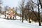Snowy path to central church of baroque calvary in Banska Stiavnica, Upper Church also visible on top of the hill.