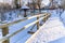 Snowy Photo of the Park on a Sunny Winter day - Wooden Footpath in the Middle of it, Concept of the Harmony and Travel