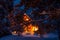 Snowy Pine Branches on a Background of Lighted Forest Cottage