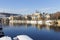 Snowy Prague Lesser Town with Prague Castle above River Vltava in the sunny Day, Czech republic