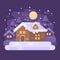 Snowy purple winter village landscape with a house