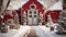 Snowy Red Barn, House or Shop Decorated for Christmas in a Beautiful Winter Snowy Scene. Generative AI