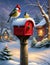 A snowy red mailbox with fir branches and pinecones, a robin sit on it, a dreamy winter christmas village in background