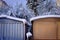 Snowy roof of the steel garage