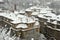 Snowy roofs of old houses in Prague PodolÃ­