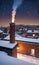 A Snowy Rooftop With A Chimney Adorned With Twinkling Lights, Captured Under A Starlit Sky. Generative AI