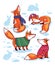 Snowy seamless pattern with cartoon foxes in cozy sweaters.