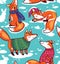 Snowy seamless pattern with cartoon foxes in cozy sweaters.