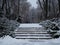 Snowy stairs at winter park at sunset twilight