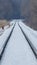 Snowy straight railroad tracks near the Minnesota River and near Black Dog coal power plant