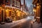 A snowy street, adorned with Christmas lights, under a night sky