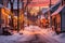 snowy street with christmas lights decorating houses