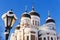 Snowy street light on the background of Alexander Nevsky Cathedr