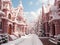 A snowy street lined with pink buildings and trees.