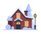 Snowy Suburban House, Cute Rural Winter Cottage with Vintage Streetlamp Vector Illustration