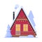 Snowy Suburban House, Rural Red Winter Cottage with Smoking Chimney Vector Illustration