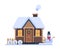 Snowy Suburban House, Rural Winter Cottage, Timbered Cabin with Smoking Chimney Vector Illustration