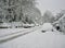 Snowy suburban street in England