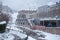 Snowy sunrise in the town of Canillo in Winter. Canillo, Andorra