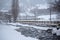 Snowy sunrise in the town of Canillo in Winter. Canillo, Andorra